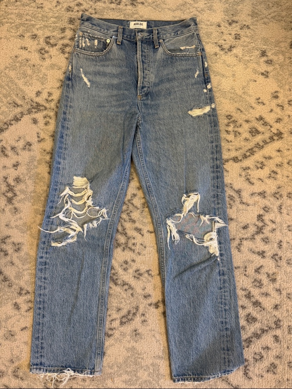 Agolde 90’s Medium Blue Distressed High-Rise Straight Jeans